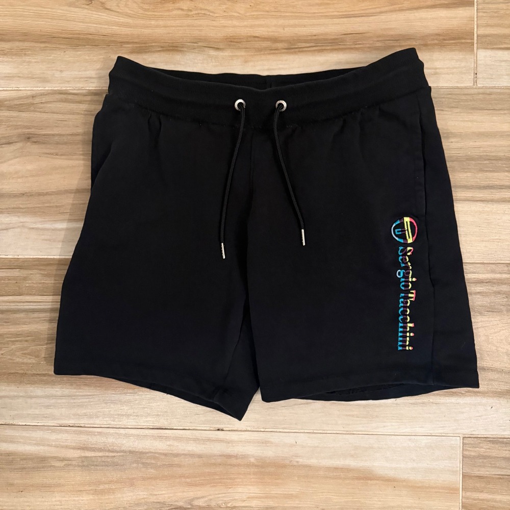 Sergio Tacchini Mens Black Cotton Sweat Shorts Rainbow Logo Size L RN161649